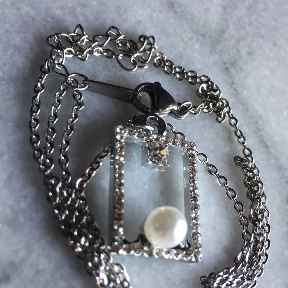 Pearl & CZ Rectangular Necklace - Picture 12 of 16